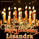 A glowing personalized birthday GIF with name Lisandra featuring lit candles with intricate designs, warm lighting, and the text 'Happy Birthday' in an elegant font.