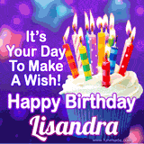 A colorful birthday GIF for Lisandra featuring a cupcake with vibrant lit candles and the text 'It's Your Day to Make a Wish! Happy Birthday Lisandra' in bold letters on a festive purple background.
