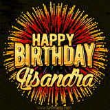 Golden 'Happy Birthday Lisandra' text accompanied by animated rainbow fireworks for a festive animated greeting.