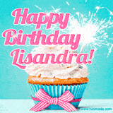 A festive cupcake with pink icing, a gingham bow, and a lit animated sparkler, paired with 'Happy Birthday Lisandra!' in bright pink text.