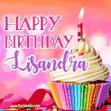 A vibrant birthday GIF featuring a rainbow-colored cupcake topped with white frosting, sprinkles, and a lit candle. The text reads 'Happy Birthday Lisandra' in bold pink and violet letters with white outline.