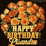 Animated bouquet of orange roses with moving butterfles and golden 'Happy Birthday Lisandra' text, surrounded by sparkling accents and a dark backdrop for a luxurious feel.
