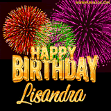 A golden 'Happy Birthday Lisandra' message with vibrant fireworks in the background, creating a festive and celebratory vibe in this animated name GIF.