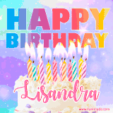 A vibrant animated name GIF with the words 'Happy Birthday Lisandra' with colorful candles on a creamy cake. The background sparkles with pastel shades, adding a festive touch.
