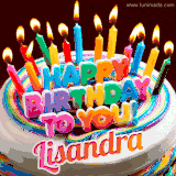 A colorful birthday cake topped with lit candles, with the words 'Happy Birthday Lisandra' in bold glowing letters on a burgundy background. Animated flames add a festive touch.