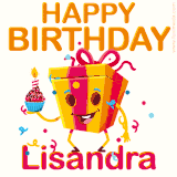 A vibrant and funny gift box character with a happy face dancing with a cupcake and the text 'Happy Birthday Lisandra,' surrounded by animated confetti and party vibes.