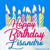 A cheerful animated GIF featuring colorful lit birthday candles on a white cake, with the text 'Happy Birthday Lisandro' in bold red and blue script on a bright blue background.