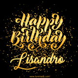 Animated GIF with colorful, festive 'Happy Birthday Lisandro' text decorated with patterns, a party hat, and falling confetti. A vibrant and cheerful design for birthday celebrations.