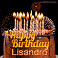 A rich chocolate cake topped with glowing birthday candles and surrounded by bright fireworks. The animated GIF displays the message 'Happy Birthday Lisandro' in golden text.