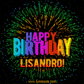 A colorful animated GIF featuring the text 'Happy Birthday Lisandro!' in rainbow colors with a dynamic iridescent firework display in the background.