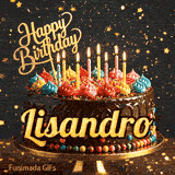 Shimmering animated card featuring a detailed chocolate cake and the name Lisandro for his birthday celebration.