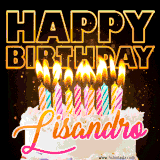 A vibrant animated GIF featuring a delicious birthday cake topped with glowing candles and the name 'Lisandro' in elegant script, and the words 'Happy Birthday' on the black background.