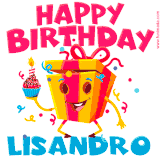 A funny animated birthday GIF with the words 'Happy Birthday Lisandroa', colorful gift box with arms and legs, holding a cupcake with a lit candle  with confetti everywhere.