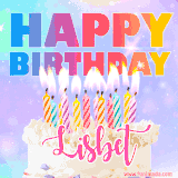 A vibrant animated name GIF with the words 'Happy Birthday Lisbet' with colorful candles on a creamy cake. The background sparkles with pastel shades, adding a festive touch.