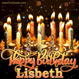 A glowing personalized birthday GIF with name Lisbeth featuring lit candles with intricate designs, warm lighting, and the text 'Happy Birthday' in an elegant font.