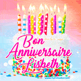 A white birthday cake covered in colorful sprinkles, topped with bright candles, and French text 'Bon Anniversaire Lisbeth' on a pastel gradient background in an animated GIF.