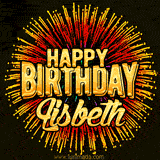 Golden 'Happy Birthday Lisbeth' text accompanied by animated rainbow fireworks for a festive animated greeting.
