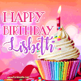 A vibrant birthday GIF featuring a rainbow-colored cupcake topped with white frosting, sprinkles, and a lit candle. The text reads 'Happy Birthday Lisbeth' in bold pink and violet letters with white outline.