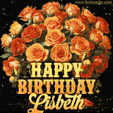 Animated bouquet of orange roses with moving butterfles and golden 'Happy Birthday Lisbeth' text, surrounded by sparkling accents and a dark backdrop for a luxurious feel.