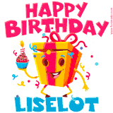 A vibrant and funny gift box character with a happy face dancing with a cupcake and the text 'Happy Birthday Liselot,' surrounded by animated confetti and party vibes.