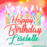 Bright birthday candles with rainbow flames on a cake, alongside the text 'Happy Birthday Liselotte' in vibrant script in this celebratory animated GIF.