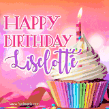 A vibrant birthday GIF featuring a rainbow-colored cupcake topped with white frosting, sprinkles, and a lit candle. The text reads 'Happy Birthday Liselotte' in bold pink and violet letters with white outline.
