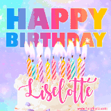 A vibrant animated name GIF with the words 'Happy Birthday Liselotte' with colorful candles on a creamy cake. The background sparkles with pastel shades, adding a festive touch.