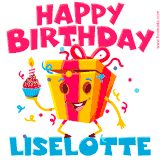 A vibrant and funny gift box character with a happy face dancing with a cupcake and the text 'Happy Birthday Liselotte,' surrounded by animated confetti and party vibes.