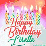 Bright birthday candles with rainbow flames on a cake, alongside the text 'Happy Birthday Lisette' in vibrant script in this celebratory animated GIF.