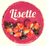 Beautifully decorated red velvet berry birthday cake with vibrant fruits and a glowing 'Lisette' name, adding a touch of sweetness and sparkle.