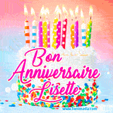 A white birthday cake covered in colorful sprinkles, topped with bright candles, and French text 'Bon Anniversaire Lisette' on a pastel gradient background in an animated GIF.