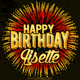 Golden 'Happy Birthday Lisette' text accompanied by animated rainbow fireworks for a festive animated greeting.