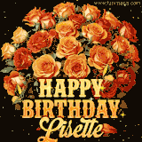 Animated bouquet of orange roses with moving butterfles and golden 'Happy Birthday Lisette' text, surrounded by sparkling accents and a dark backdrop for a luxurious feel.