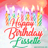 Bright birthday candles with rainbow flames on a cake, alongside the text 'Happy Birthday Lissette' in vibrant script in this celebratory animated GIF.
