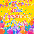 A bright and festive GIF with the text 'Feliz Cumpleaños Lissette' in Spanish in colorful fonts, surrounded by confetti, balloons, and festive banners on a vibrant yellow background.