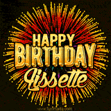 Golden 'Happy Birthday Lissette' text accompanied by animated rainbow fireworks for a festive animated greeting.