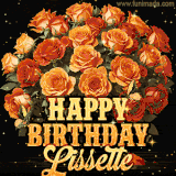 Animated bouquet of orange roses with moving butterfles and golden 'Happy Birthday Lissette' text, surrounded by sparkling accents and a dark backdrop for a luxurious feel.