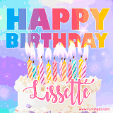 A vibrant animated name GIF with the words 'Happy Birthday Lissette' with colorful candles on a creamy cake. The background sparkles with pastel shades, adding a festive touch.