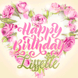 A stunning heart made of pink roses surrounds the elegant script text 'Happy Birthday Lissette' on a soft beige background. Animated sparkles add a magical and festive feel.