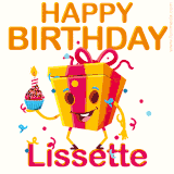 A vibrant and funny gift box character with a happy face dancing with a cupcake and the text 'Happy Birthday Lissette,' surrounded by animated confetti and party vibes.