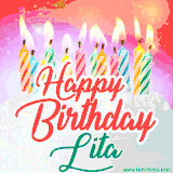 Bright birthday candles with rainbow flames on a cake, alongside the text 'Happy Birthday Lita' in vibrant script in this celebratory animated GIF.