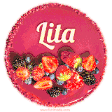 Beautifully decorated red velvet berry birthday cake with vibrant fruits and a glowing 'Lita' name, adding a touch of sweetness and sparkle.