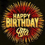 Golden 'Happy Birthday Lita' text accompanied by animated rainbow fireworks for a festive animated greeting.