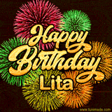 Golden text reading 'Happy Birthday Lita' surrounded by vibrant fireworks in red, green, and yellow, set against a dark background in this celebratory birthday GIF.
