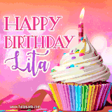 A vibrant birthday GIF featuring a rainbow-colored cupcake topped with white frosting, sprinkles, and a lit candle. The text reads 'Happy Birthday Lita' in bold pink and violet letters with white outline.