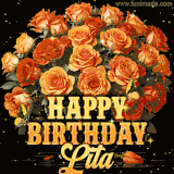 Animated bouquet of orange roses with moving butterfles and golden 'Happy Birthday Lita' text, surrounded by sparkling accents and a dark backdrop for a luxurious feel.