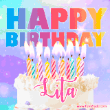 A vibrant animated name GIF with the words 'Happy Birthday Lita' with colorful candles on a creamy cake. The background sparkles with pastel shades, adding a festive touch.