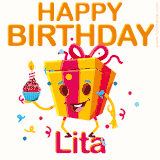 A vibrant and funny gift box character with a happy face dancing with a cupcake and the text 'Happy Birthday Lita,' surrounded by animated confetti and party vibes.