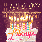 A colorful birthday cake topped with lit candles, with the words 'Happy Birthday Litonya' in bold glowing letters on a burgundy background. Animated flames add a festive touch.