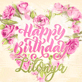 A stunning heart made of pink roses surrounds the elegant script text 'Happy Birthday Litonya' on a soft beige background. Animated sparkles add a magical and festive feel.